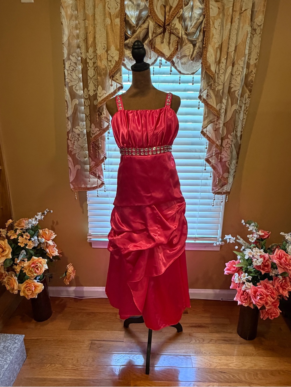 Girl's Red Satin Evening Dress with Rhinestone Details Size 14